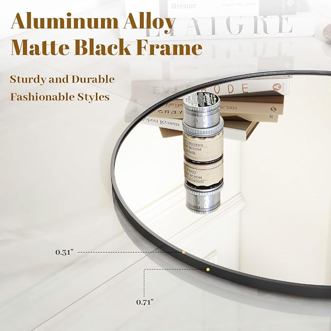 VooBang Black Round Bathroom Mirror, 20 inch Circle Wall Mounted Hanging Mirror - Image 3