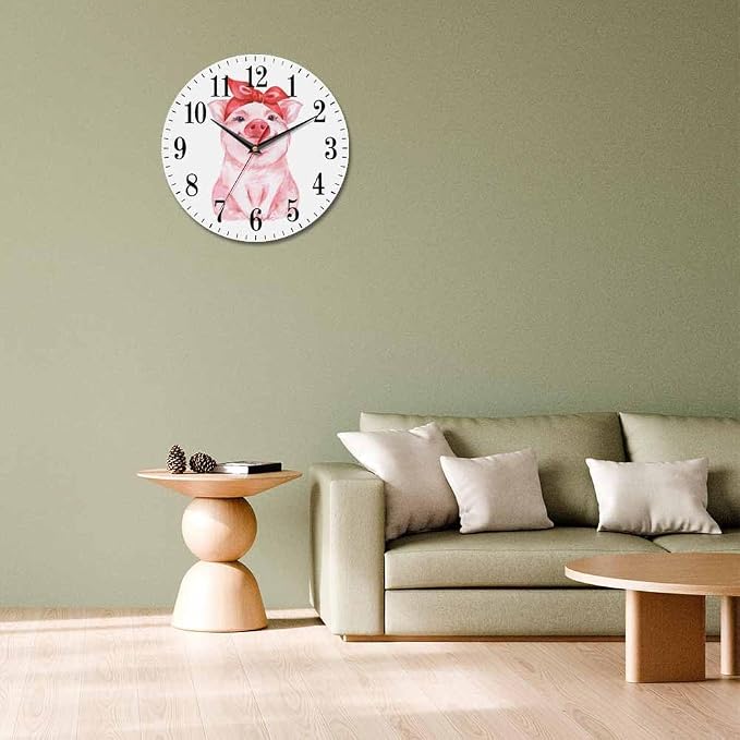 Mxocom Pink Pig Wall Clock Funny Cartoon Pig Wearing Red Bandana 10 Inch Silent - Image 7