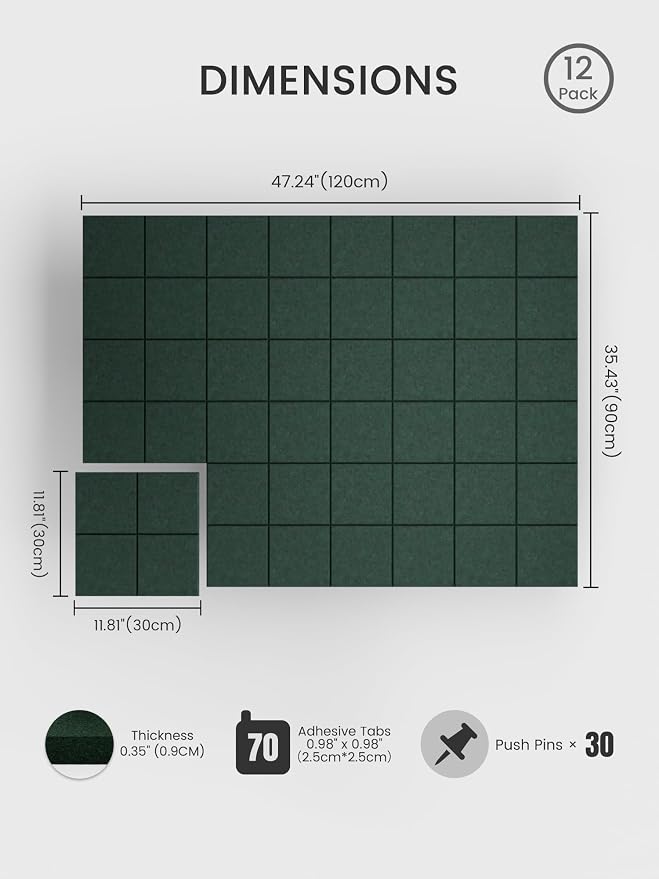 Bumusty Large Felt Bulletin Board, 30 Push Pins, 70 Adhesive Tabs, Pine Green - Image 2