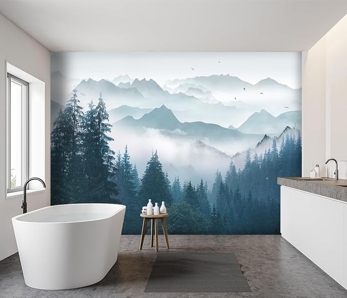 -Foggy Forest Pine Scenery Fabric Wallpaper Living Room Bedroom Bathroom - Image 3