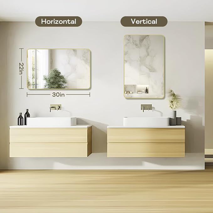 Gold Framed Bathroom Mirror, Brushed Gold Bathroom Vanity Wall Mirror, Rounded - Image 3