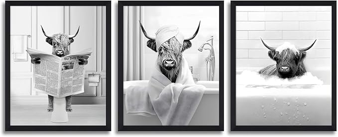 KBKBART Funny Highland Cow Wall Art Set of 3, Rustic Farmhouse Bathroom Cow by KBKBART