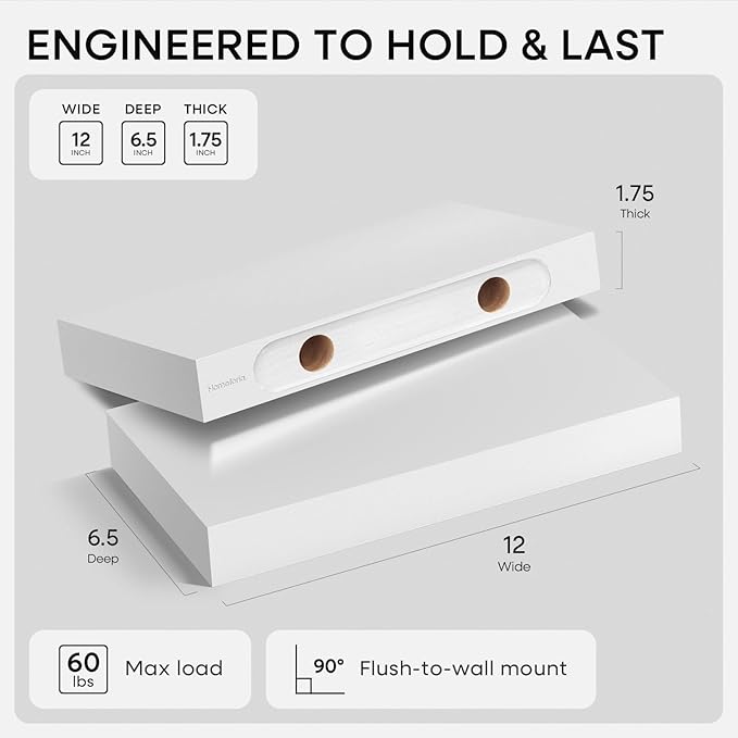 Homeforia White Floating Shelf 12 inch, High End Solid Real Wood Small 12inch - Image 2