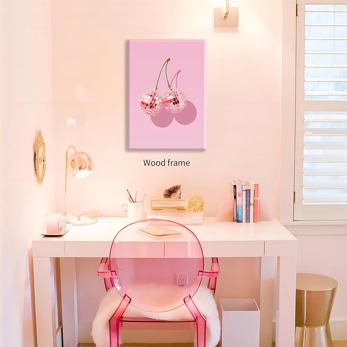 Funky Pink Cherry Poster Retro Disco Ball Canvas Wall Art 24X36 inch Framed - Image 3