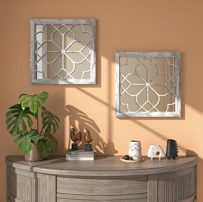 Set of 2 18 Inch Large Square Grey Window Pane Wall Mirrors, Shatterproof by HMANGE