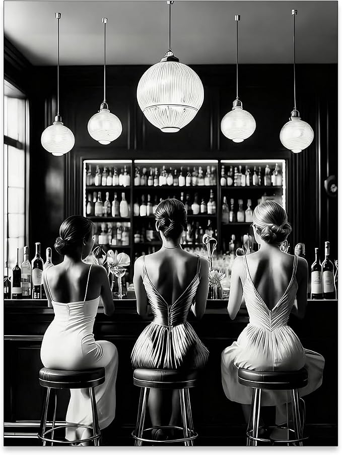 Vintage Black and White Canvas Wall Art Trendy Women Drink Cocktail Posters by FuSatisYilife