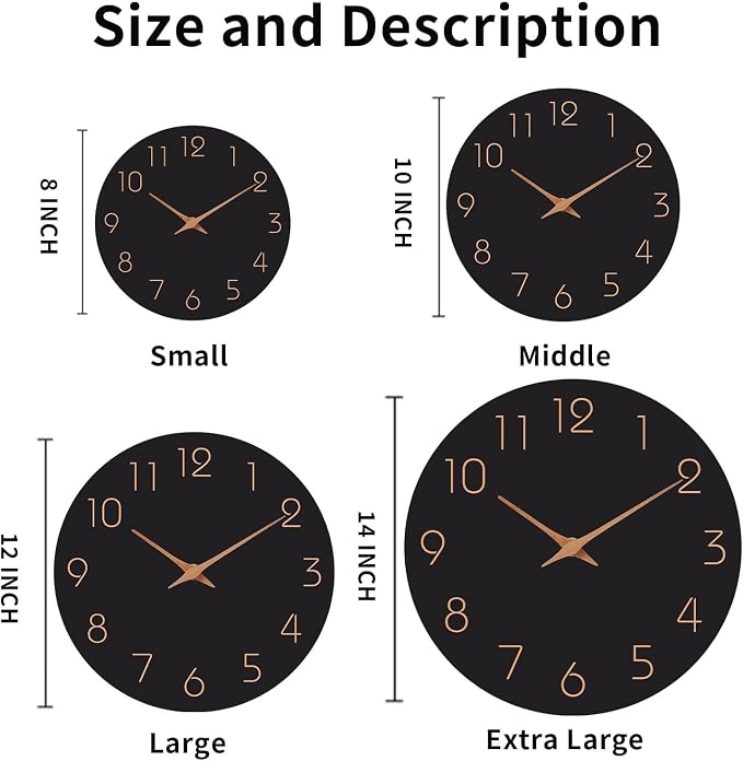 Mosewa Wall Clock 8 Inch Black Battery Operated Silent Non Ticking Simple - Image 2