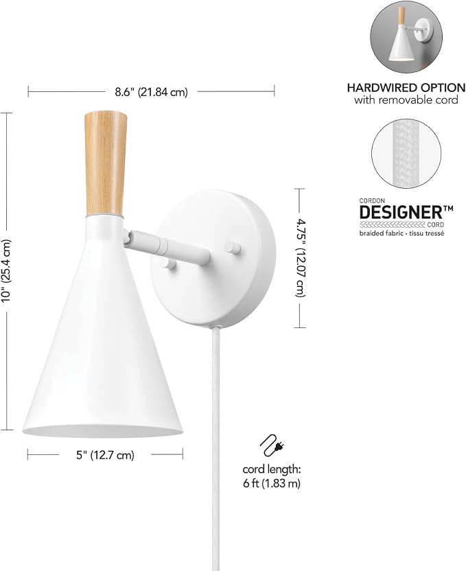 Globe Electric 65000147 1-Light Plug-in or Hardwire Wall Sconce, Matte White - Image 5