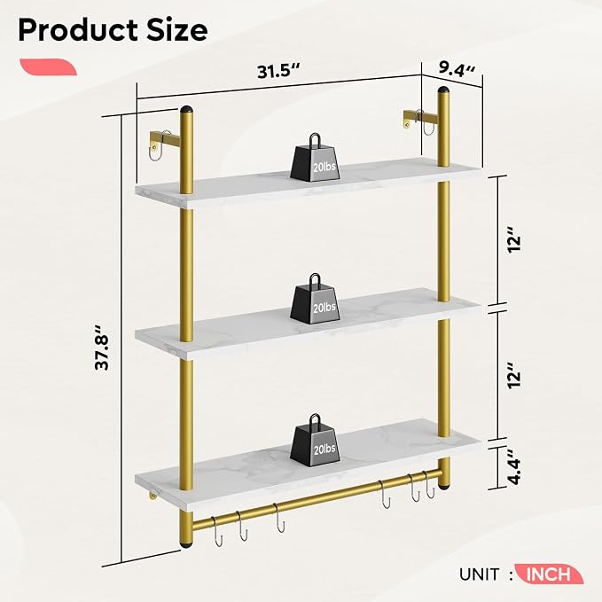 Bestier 31" Industrial Pipe Shelving, Floating Kitchen Wall Shelves 3 Tier - Image 2