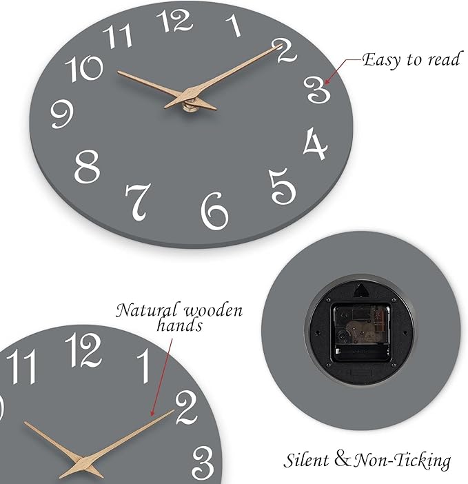 Mosewa Wall Clock Gray Battery Operated Silent Non Ticking Simple Modern Wood - Image 4