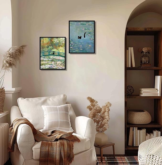 Hamduker Funny Black Cat Wall Art, Monet Art Water Lily Cat Wall Art Decor - Image 5