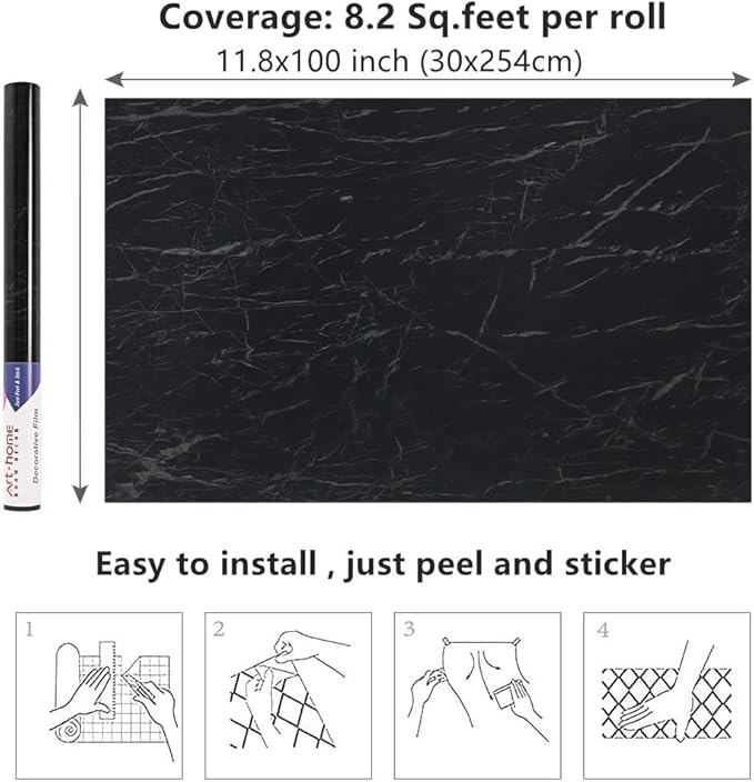 Arthome Black Marble, 11.8x100 Inches Peel and Stick Wallpaper, Marble Contact - Image 7