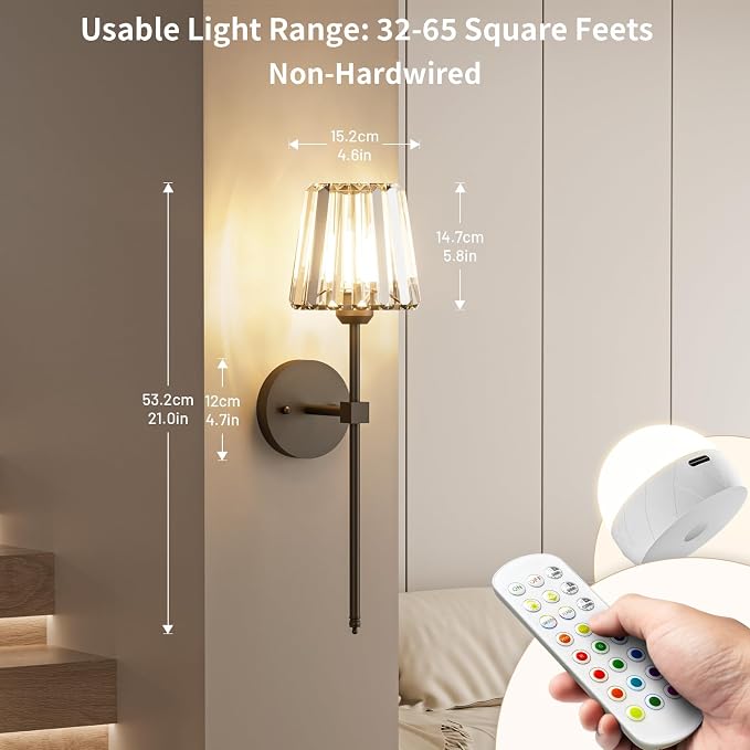 Crystal Battery Operated Wall Sconces Set of 2, 12 RGB and 3CCT Dimmable Wall - Image 3