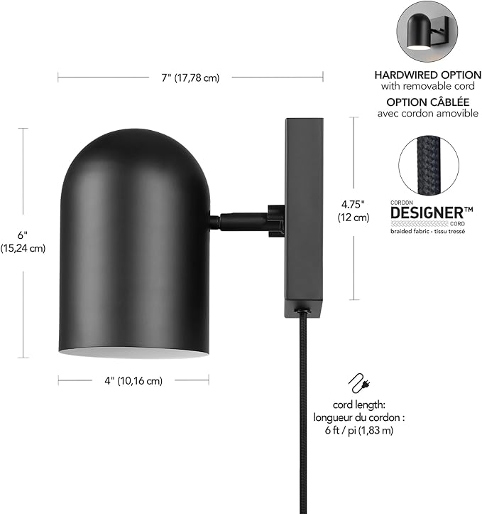 Globe Electric 65000098 1-Light Plug-in or Hardwire Wall Sconce, Matte Black - Image 10