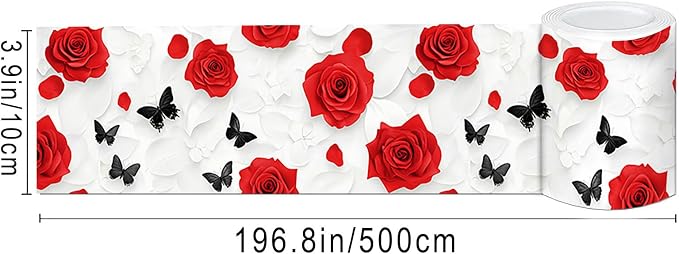 IVN Red Rose Black Butterfly Peel and Stick Wallpaper Border 4 x 196 Inch Self - Image 3