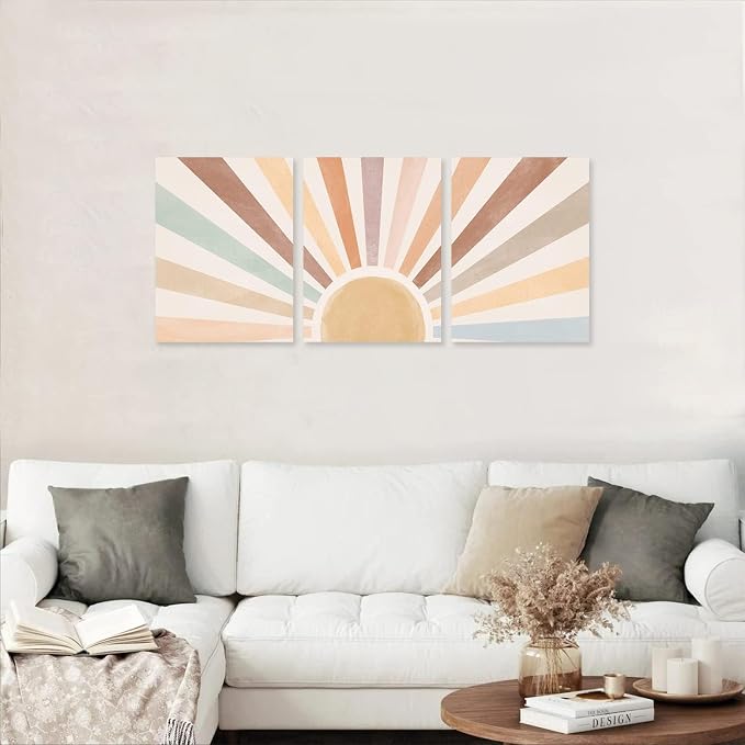Boho Sun Wall Art Set of 3, Framed Canvas Wall Art Rainbow Sun Rising on the - Image 3