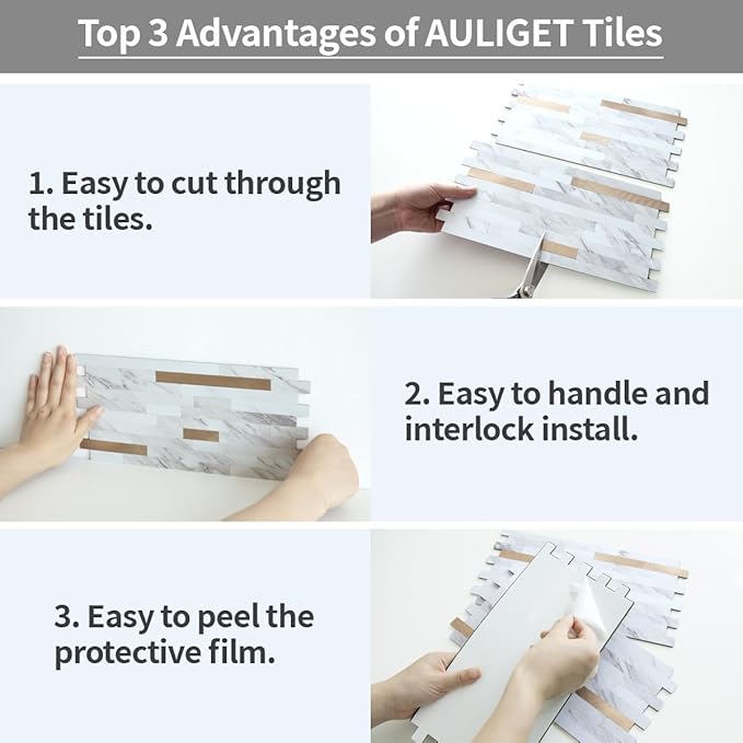 AULIGET 2 Sheets Faux Stone White Marble Peel and Stick Backsplash, PVC Mixed - Image 7