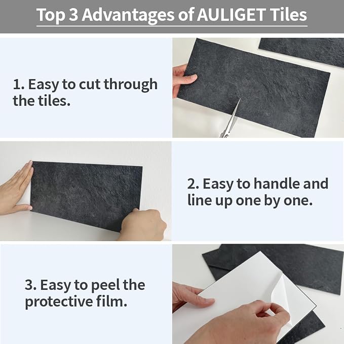 AULIGET 6" x 12" Black Slate Peel and Stick Backsplash Wall Tiles, PVC Faux - Image 8