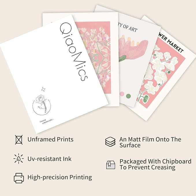 QIAOMICS Pink Flower Market Wall Art Prints, Cute Matisse Wall Decor Aesthetic - Image 3
