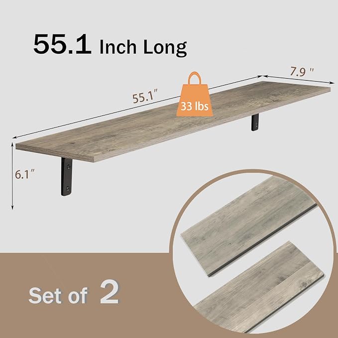 DINZI LVJ Long Wall Shelves, 55.1Inch Wall Mounted Shelves Set of 2, Extra - Image 3
