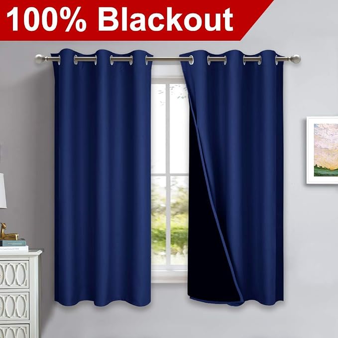 NICETOWN 100% Blackout Curtain Set, Royal Blue, 37W x 40L, Thermal Insulated & - Image 2
