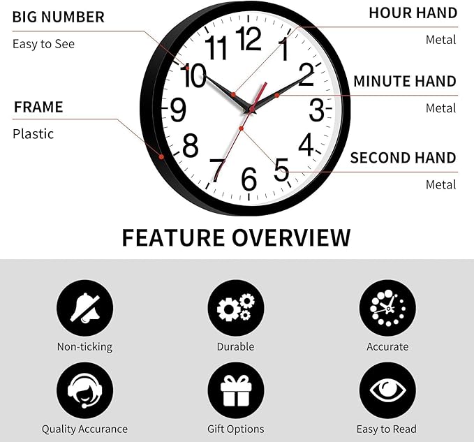 Rohioue 14 Inch Wall Clock Modern Battery Operated Silent Non Ticking Large - Image 6