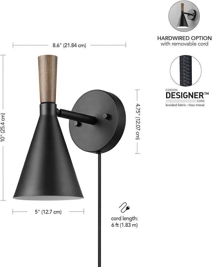 Globe Electric Plug-in or Hardwire Wall Sconce, Matte Black, Wood-Tone Switch - Image 9