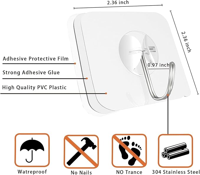 Latoxcaa Heavy Duty Adhesive Hooks 20-Pack: Holds 22lb, Strong Reusable & - Image 2