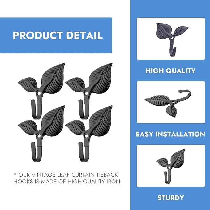 Set of 4 Vintage Leaf Wall Hooks Black Metal Coat Hooks Heavy Duty Decorative - Image 3