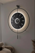 Large Luxury LED Backlit Wall Clock – Pendulum Roman Numeral Metal Ring by Unknown