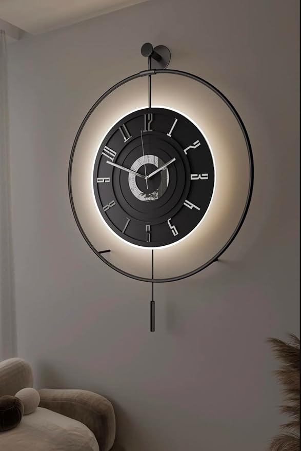 Large Luxury LED Backlit Wall Clock – Pendulum Roman Numeral Metal Ring by Unknown