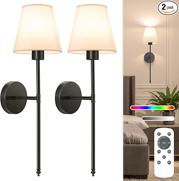NIORSUN Battery Operated Wall Sconce Set of 2, 10 Colors Wireless Wall Lamps by NIORSUN