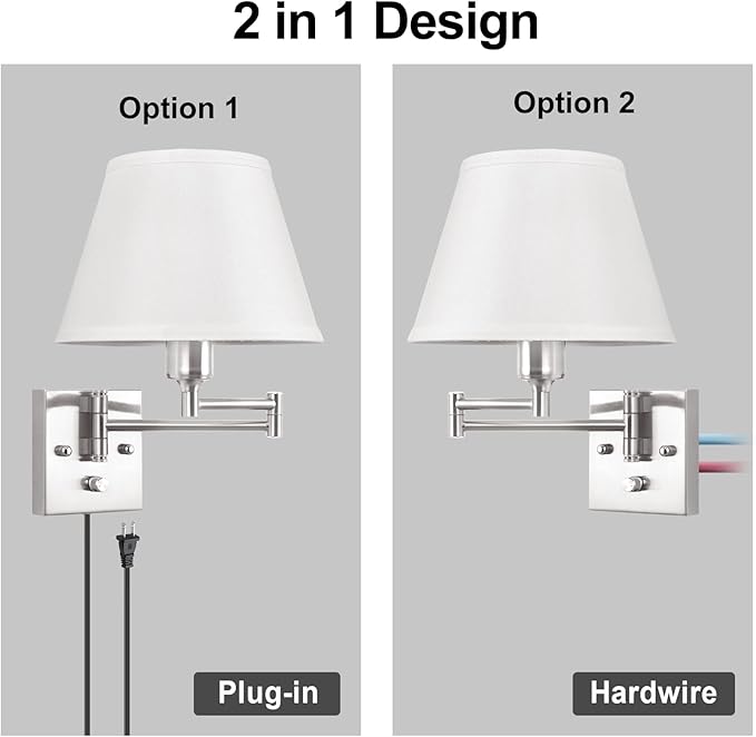 TRLIFE Wall Sconce Plug in, Dimmable Wall Sconces Set of 2 Brushed Nickel Swing - Image 8