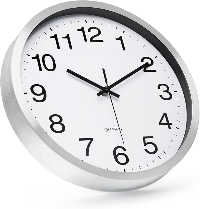 Wall Clock 12 Inch Silver Brushed Finish Silent Non Ticking Indoor Clock Round by BAKBRAND