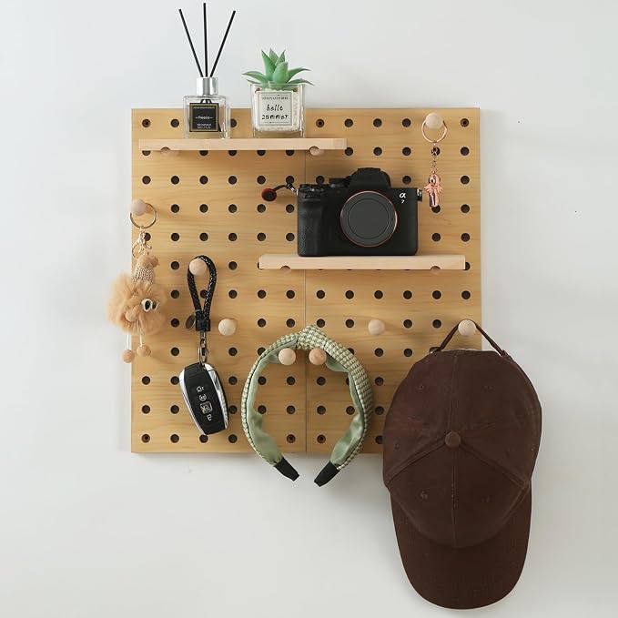 2 Pack Beige Wooden Pegboard, Modular Wall Organizer Storage Shelf - Image 8