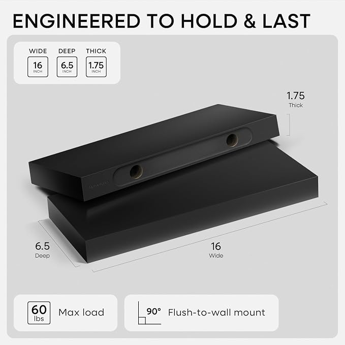 Homeforia 16 inch Black Floating Shelves, High End Solid Real Wood 16inch - Image 3