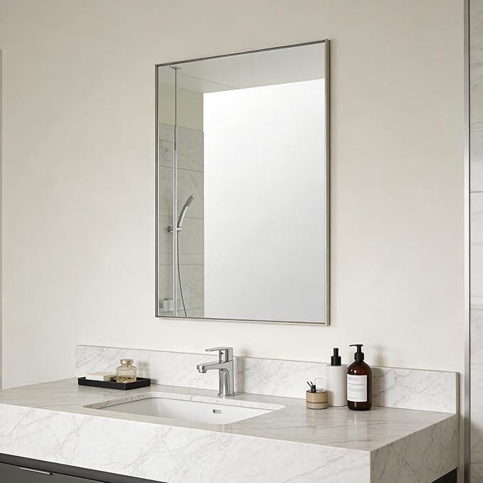 Bathroom Mirror for Wall, 36x24 Inch Metal Framed Mirror, Brushed Nickel - Image 3