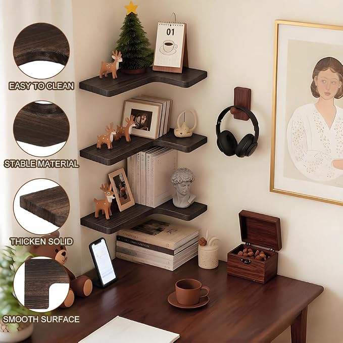 Floating Corner Shelves Set of 3, Solid Wood Picture Wall Shelf, Floating - Image 8