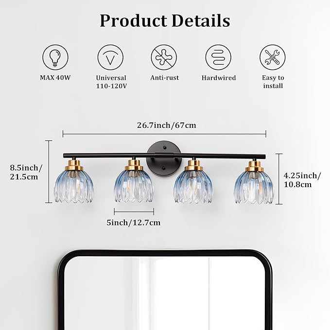 TALOYA Bathroom Vanity Light Fixtures, 4-Light Black and Gold Wall Lights - Image 2