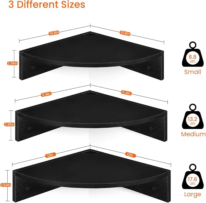 Homode Corner Floating Shelves, 3 Tier Wooden Hanging Corner Storage Shelf - Image 3
