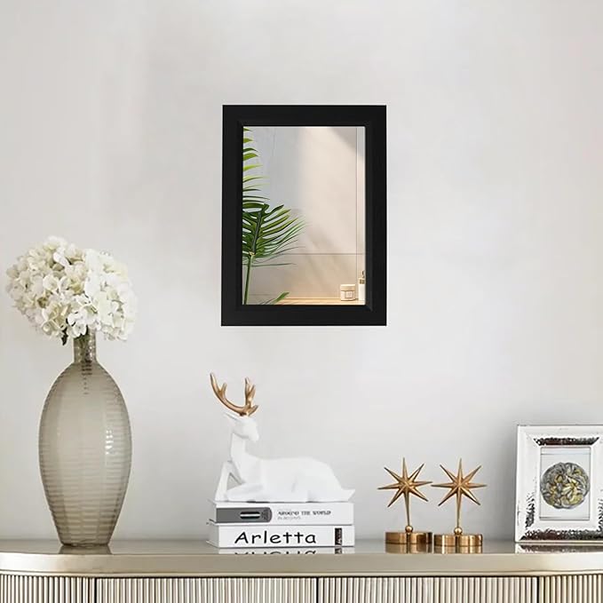 Small Rustic Black Bathroom Mirror, 11.8x15.8 Inch Wooden Frame Rectangle Wall - Image 4
