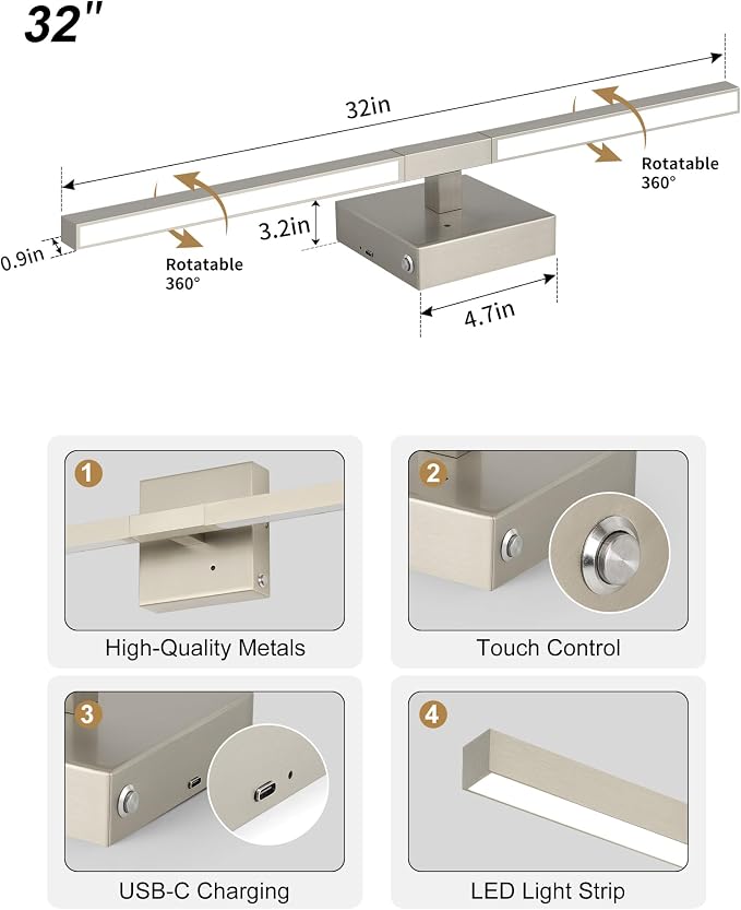 Rayogale 32 Inch Rechargeable Battery Operated Wall Sconce Set of Two, Cordless - Image 4