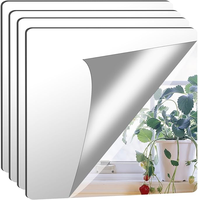 JUNEBRUSHS 4 Pack Self Adhesive Acrylic Mirror, 12X 12 Inch Mirror Tiles by JUNEBRUSHS