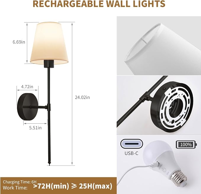 Wall sconces Set of Two Battery Operated – Rechargeable Wireless Wall Lights - Image 2