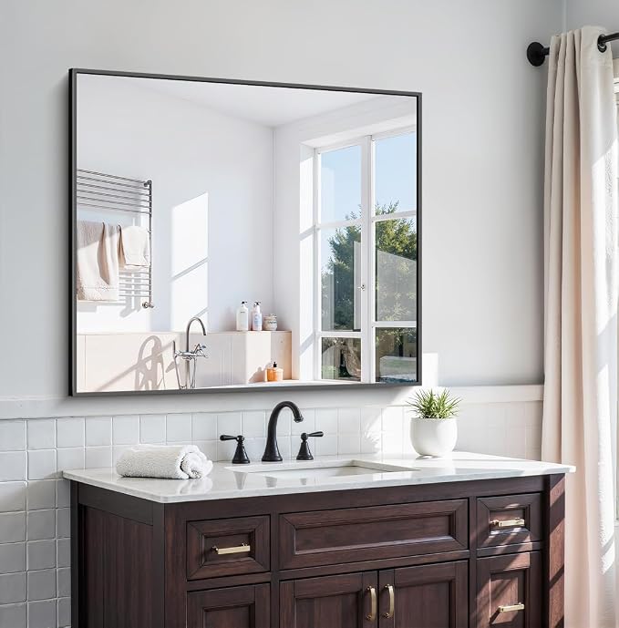 KOCUUY Black Square Mirror, Large Black Wall Mounted Mirror, Metal Framed Mirror - Image 2
