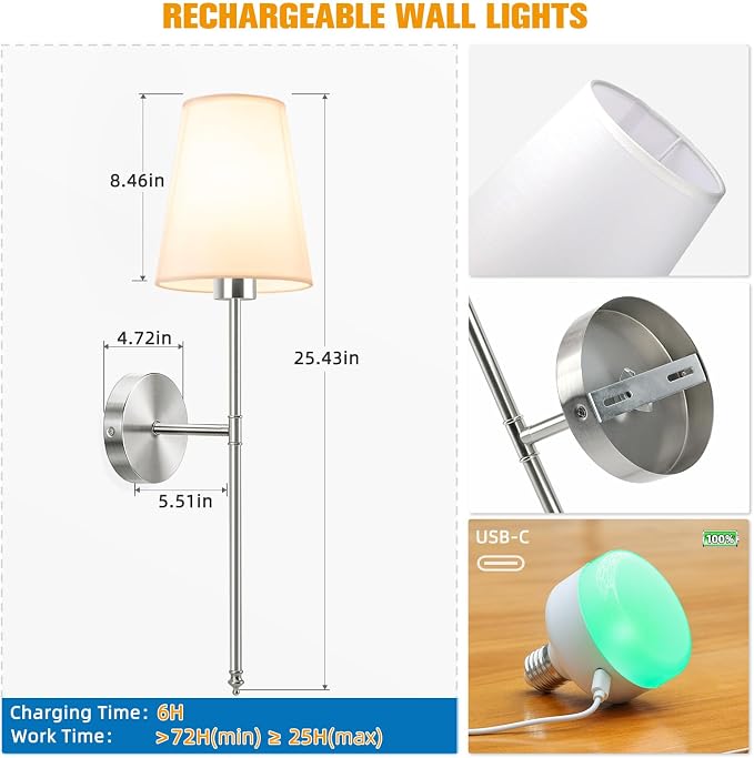 NIORSUN 25.4 inch Brushed Nickel Battery Operated Wall Sconce Set of 2 - Image 7