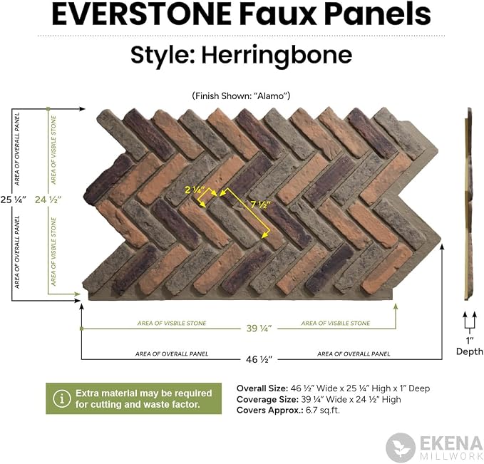 EverStone Herringbone Faux Brick Panel, 46 1/2"W x 25 1/4"H x 1"D, Farmhouse - Image 2