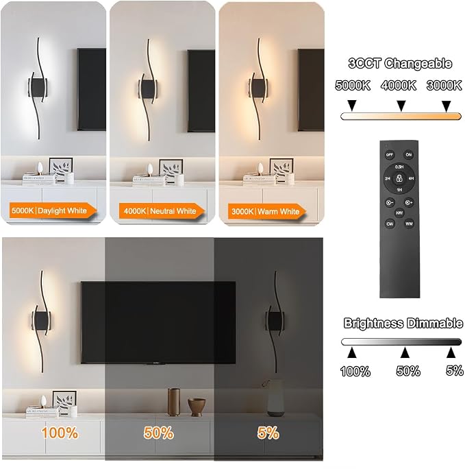 Daunton Modern Battery Operated Wall Sconce Set of 2, 3CCT Adjustable, Timer& - Image 6