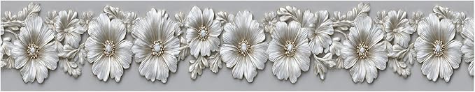 Silver Floral Wallpaper Border 196x4 Inch Peel and Stick Wall Border Metallic - Image 2