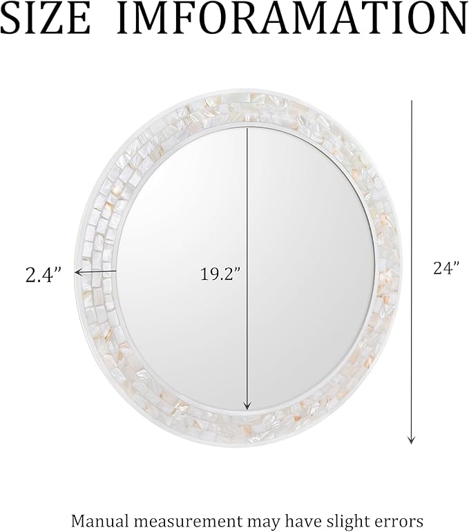 Mosaic Mirrors for Wall 24 Inch, Natural Mother of Pearl Inlay White Framed - Image 3